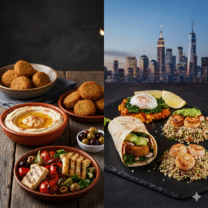 A split-screen collage featuring traditional Mediterranean appetizers on one side and modern fusion dishes set against the New York City skyline on the other.